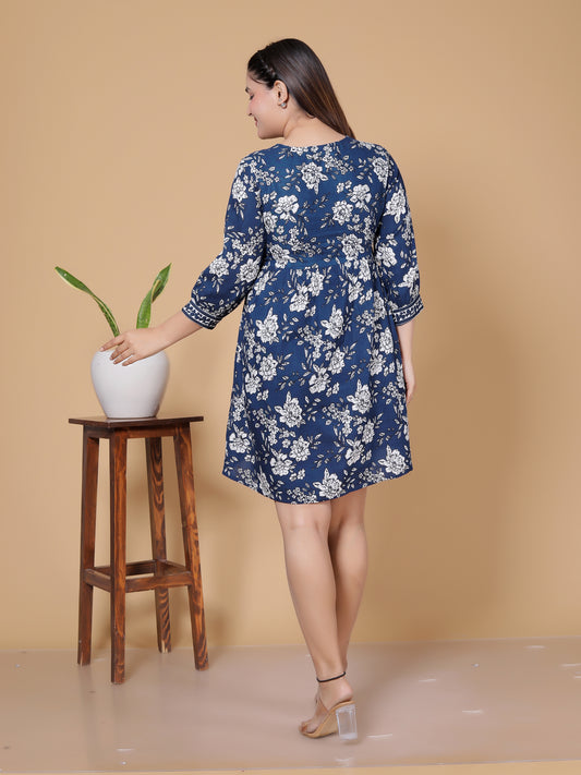 Indigo Blue Floral Print Rayon Midi Dress