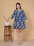 Indigo Blue Floral Print Rayon Midi Dress