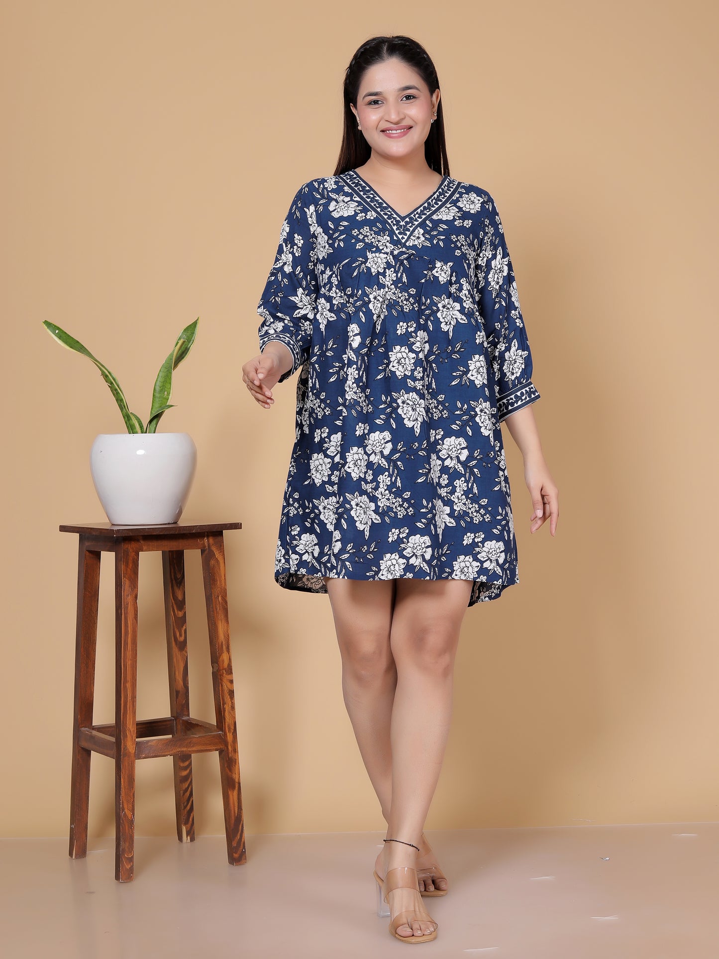 Indigo Blue Floral Print Rayon Midi Dress