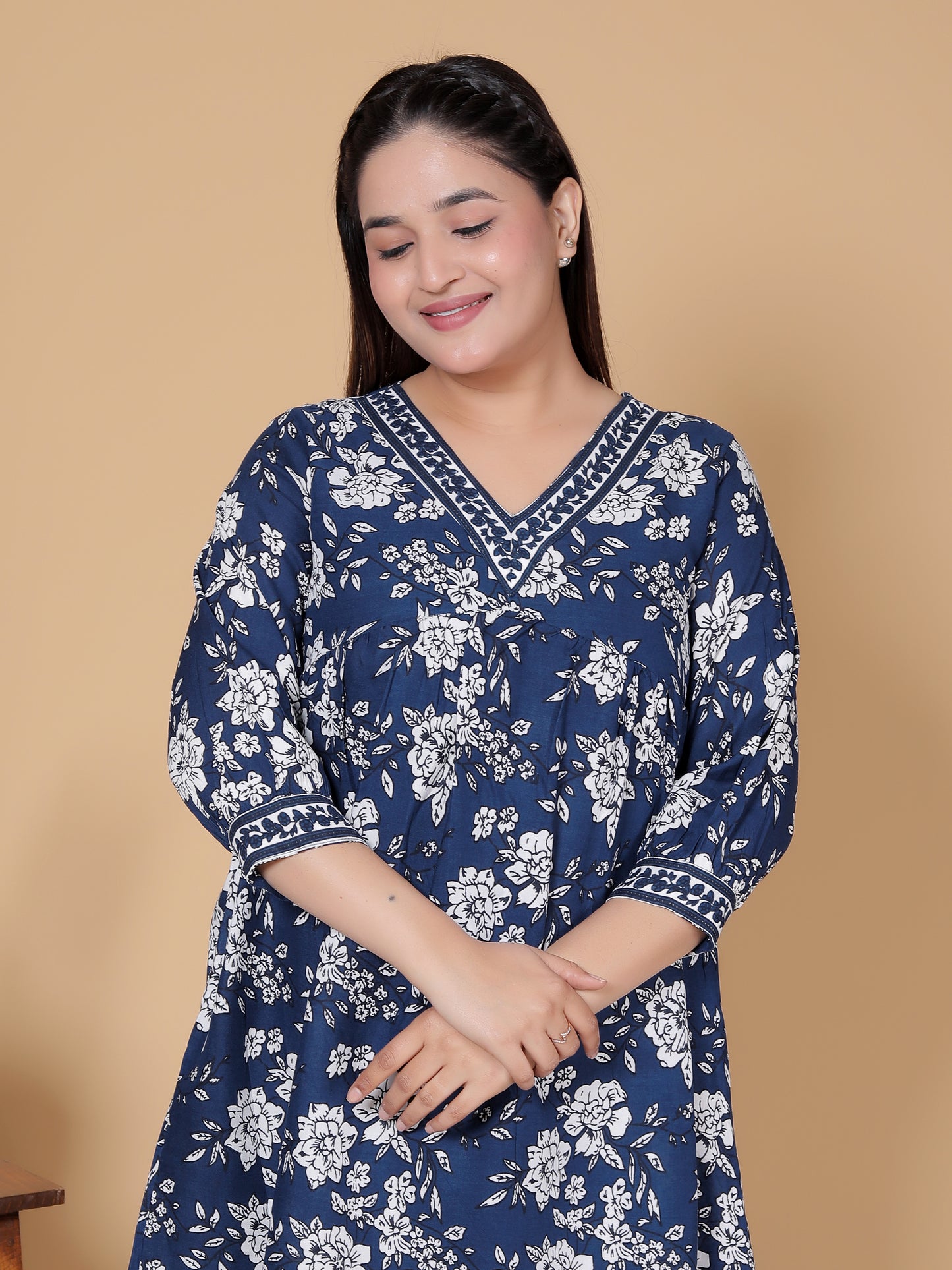 Indigo Blue Floral Print Rayon Midi Dress