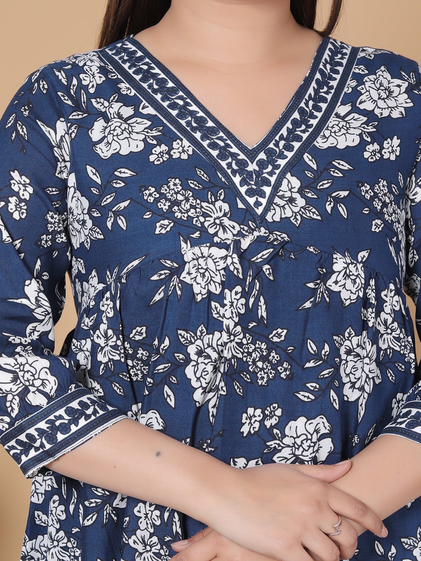 Indigo Blue Floral Print Rayon Midi Dress