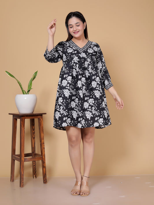 Black & White Floral Print Rayon Flared Midi Dress