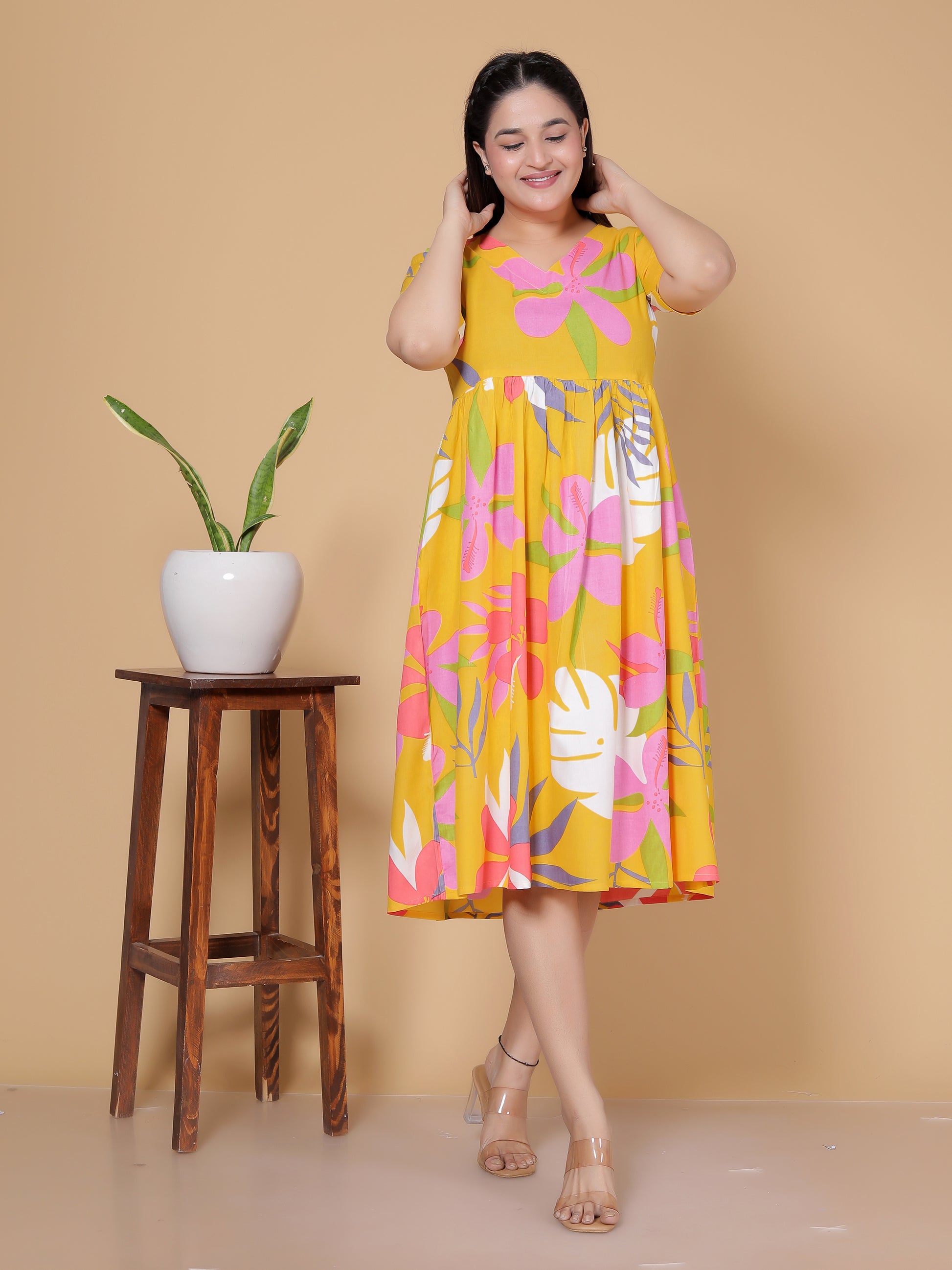 Yellow & Pink Tropical Floral Print Rayon Flared Midi Dress | Summer Beach One-Piece Pavya | Jaipur Kurtis, Co-ord Sets & Women's Ethnic Wear Online Yellow & Pink Tropical Floral Print Rayon Flared Midi Dress | Summer Beach One-Piece Pavya | Jaipur Kurtis, Co-ord Sets & Women's Ethnic Wear Online