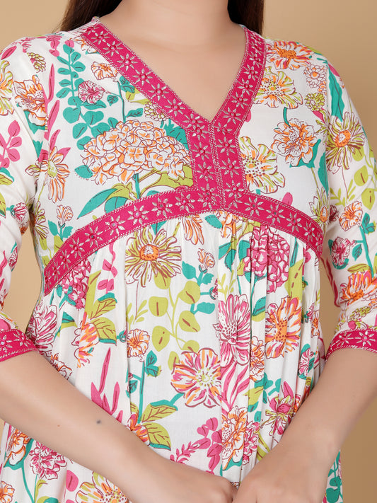 Pink & White Multicolor Floral Rayon  Kurta Pant Set