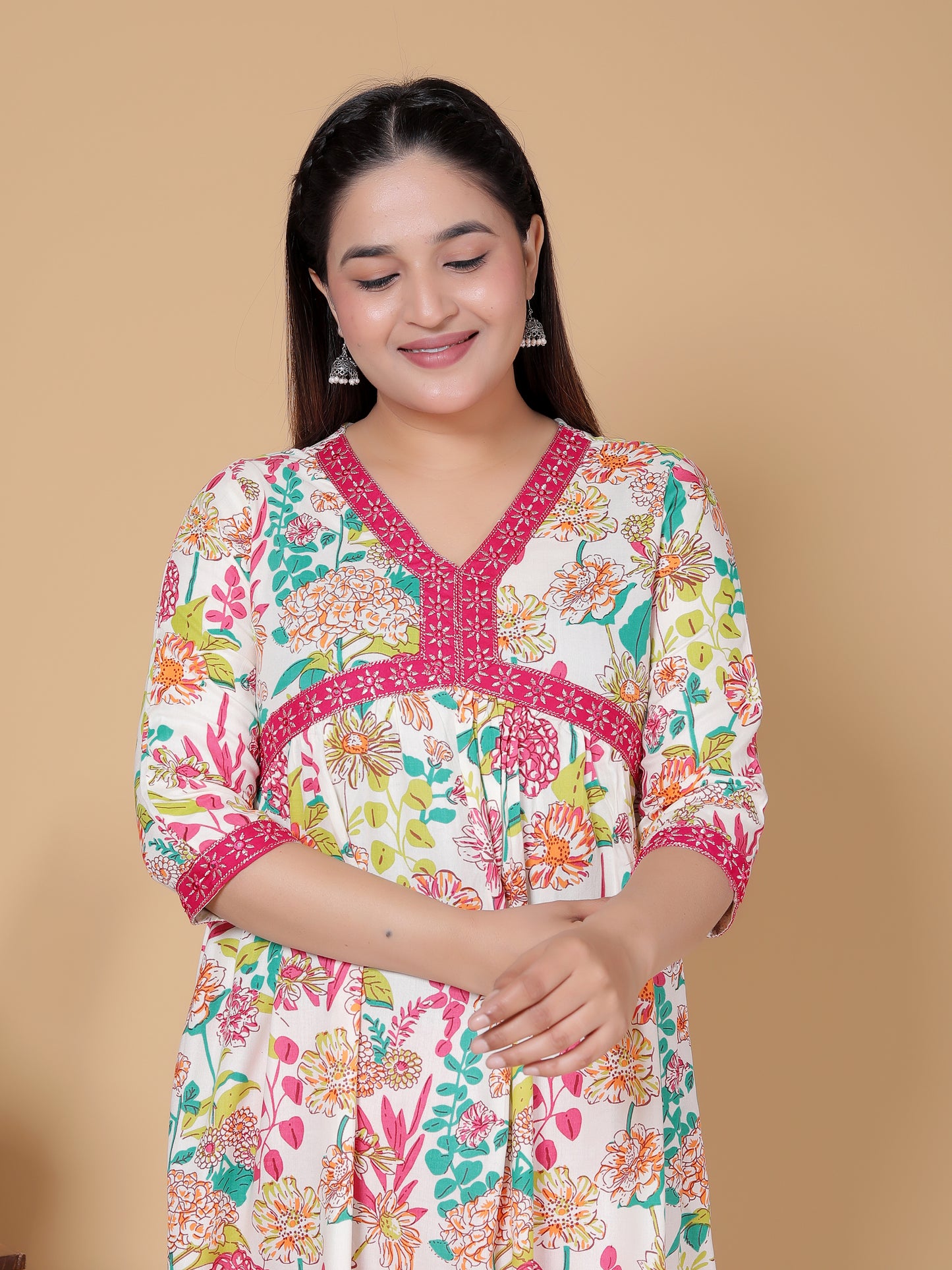 Pink & White Multicolor Floral Rayon  Kurta Pant Set