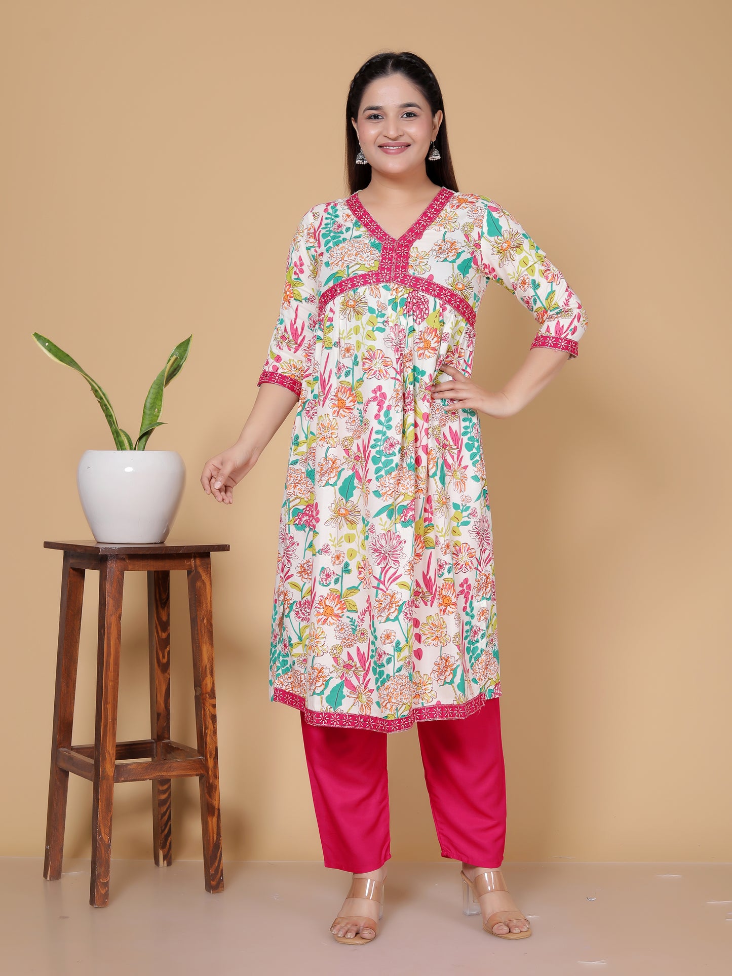 Pink & White Multicolor Floral Rayon  Kurta Pant Set