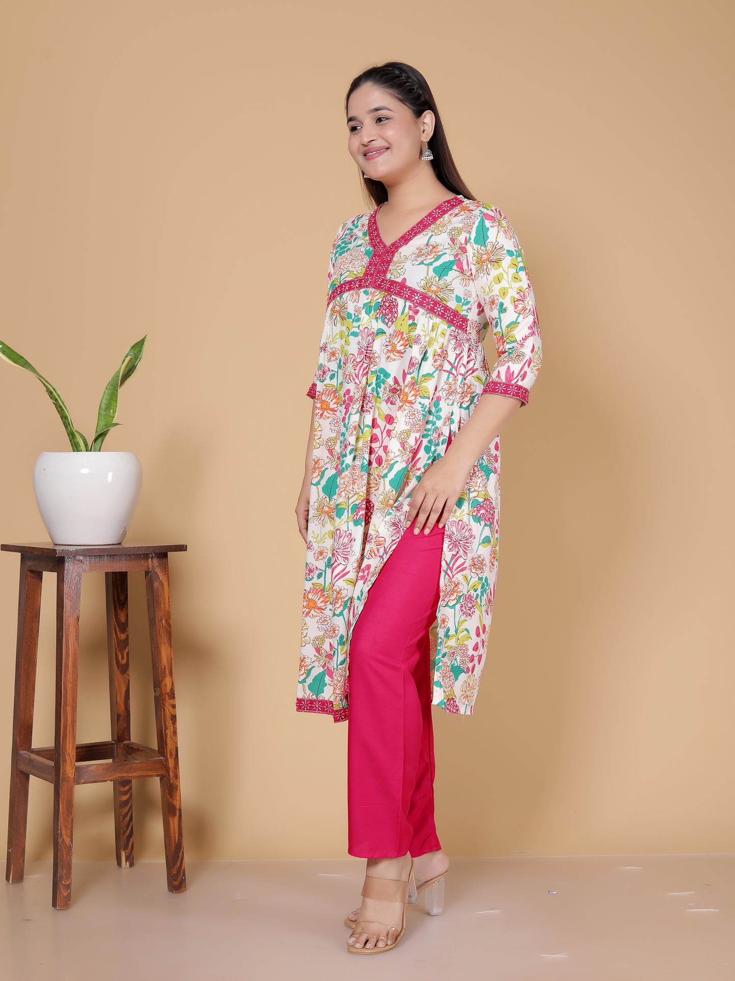 Pink & White Multicolor Floral Rayon  Kurta Pant Set