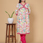 Pink & White Multicolor Floral Rayon  Kurta Pant Set