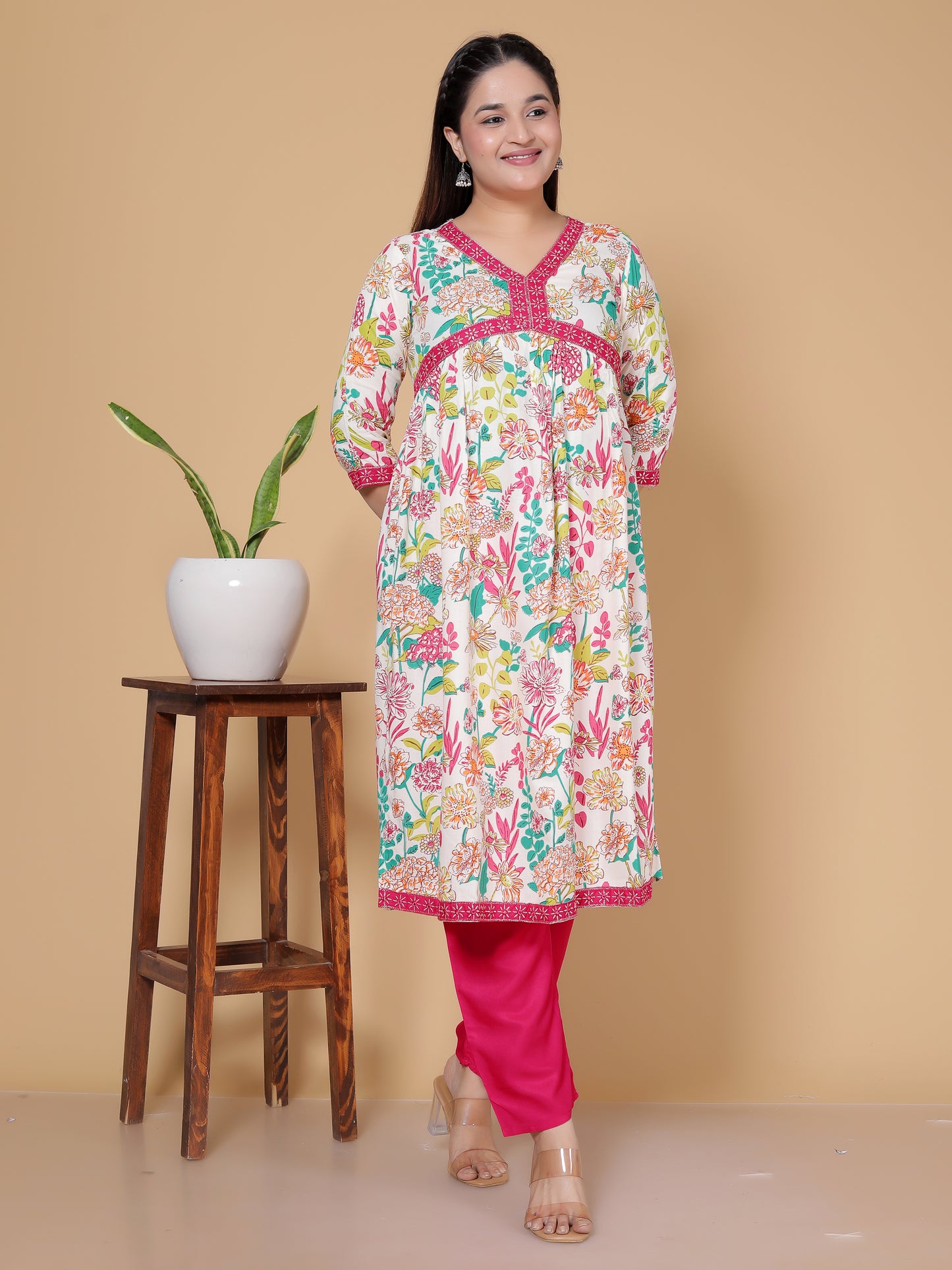 Pink & White Multicolor Floral Rayon  Kurta Pant Set
