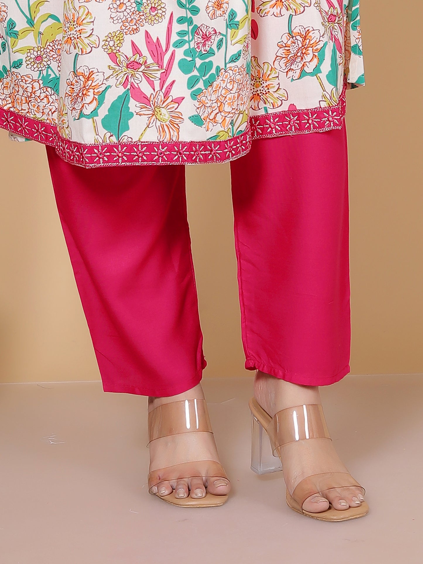 Pink & White Multicolor Floral Rayon  Kurta Pant Set