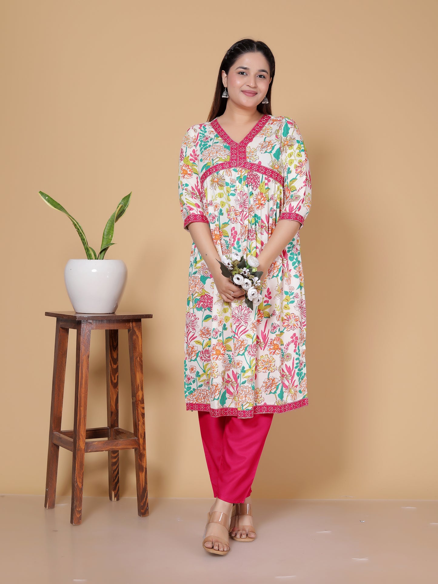 Pink & White Multicolor Floral Rayon  Kurta Pant Set