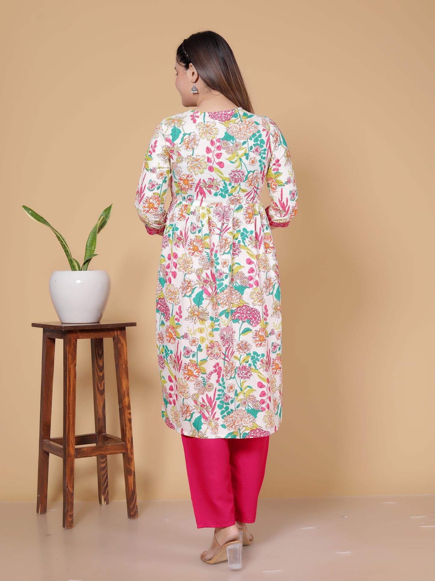 Pink & White Multicolor Floral Rayon  Kurta Pant Set