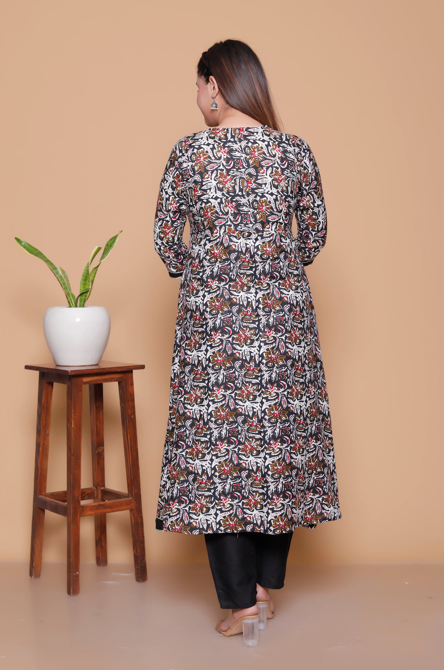 Black & Maroon Ajrakh Print Rayon Anarkali Ethnic Set with Dupatta