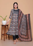 Black & Maroon Ajrakh Print Rayon Anarkali Ethnic Set with Dupatta