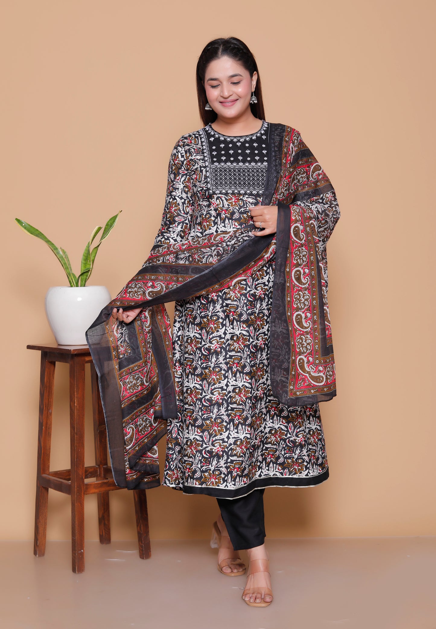 Black & Maroon Ajrakh Print Rayon Anarkali Ethnic Set with Dupatta