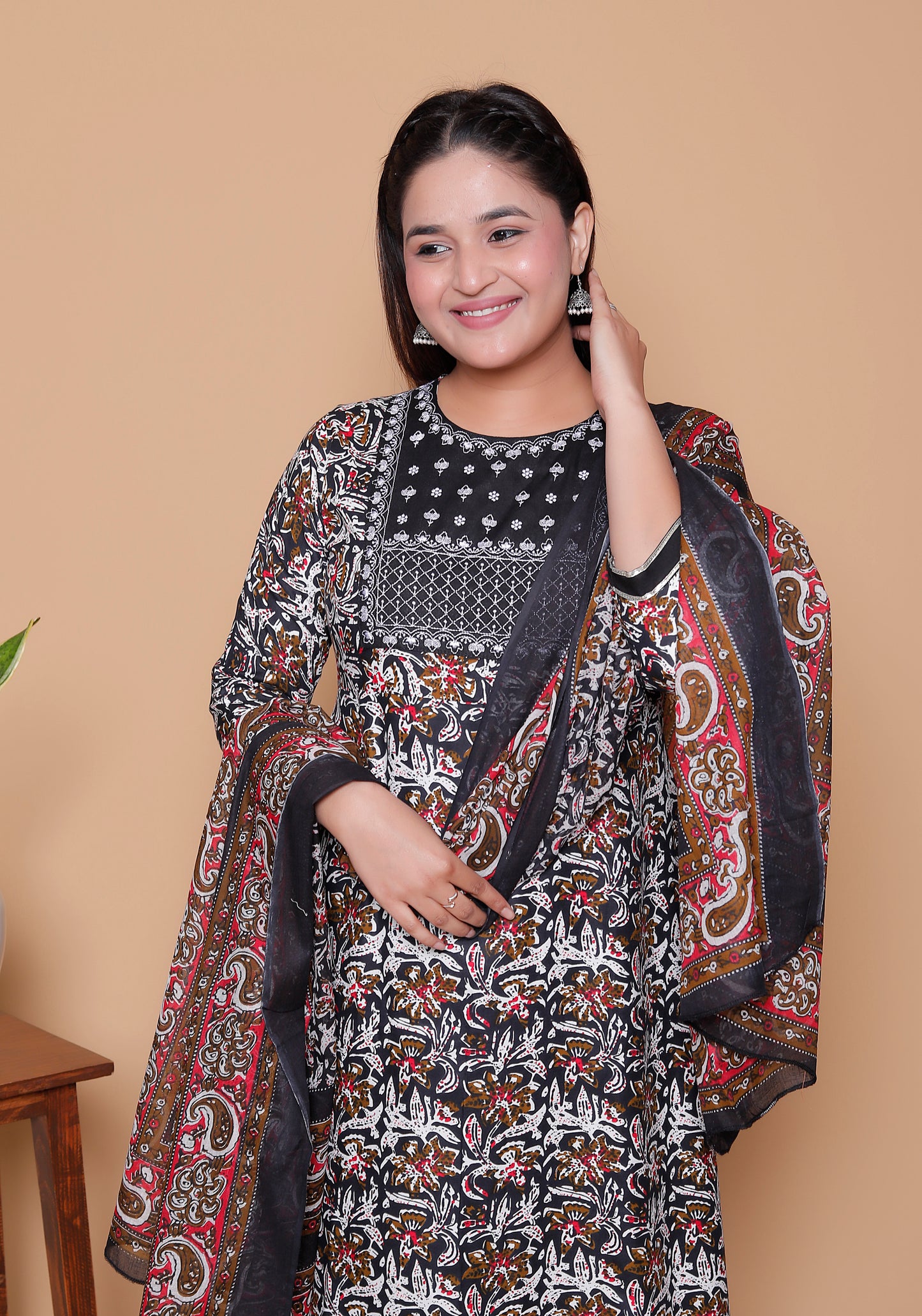 Black & Maroon Ajrakh Print Rayon Anarkali Ethnic Set with Dupatta