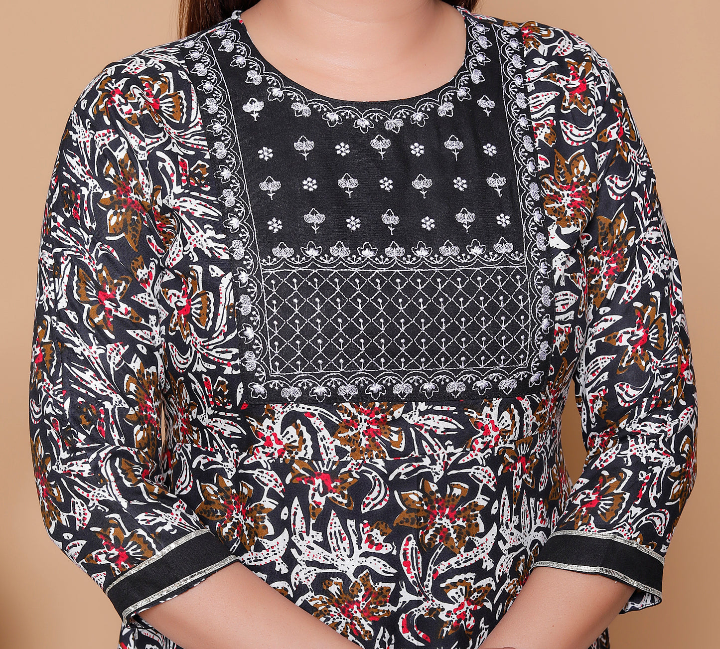 Black & Maroon Ajrakh Print Rayon Anarkali Ethnic Set with Dupatta