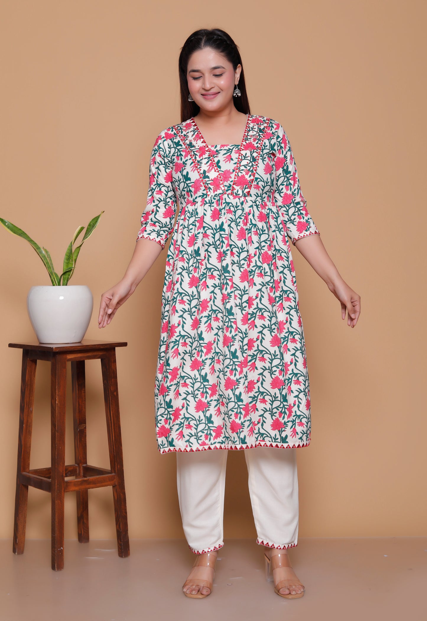 White & Pink Floral Print Rayon Kurta Pant Set with Zigzag Lace Detail