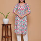 White & Pink Floral Print Rayon Kurta Pant Set with Zigzag Lace Detail