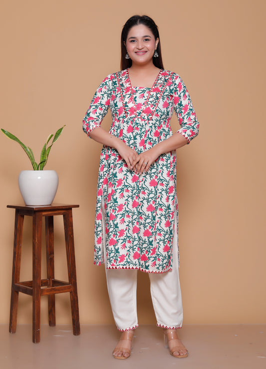 White & Pink Floral Print Rayon Kurta Pant Set with Zigzag Lace Detail