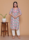White & Pink Floral Print Rayon Kurta Pant Set with Zigzag Lace Detail