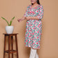 White & Pink Floral Print Rayon Kurta Pant Set with Zigzag Lace Detail