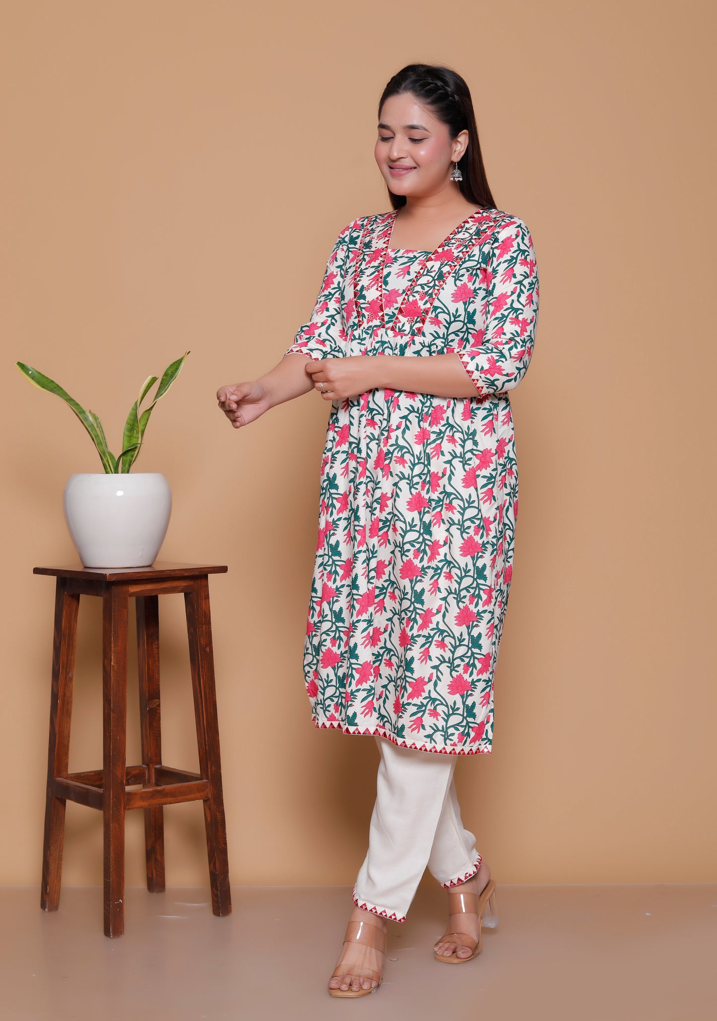 White & Pink Floral Print Rayon Kurta Pant Set with Zigzag Lace Detail