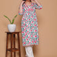 White & Pink Floral Print Rayon Kurta Pant Set with Zigzag Lace Detail