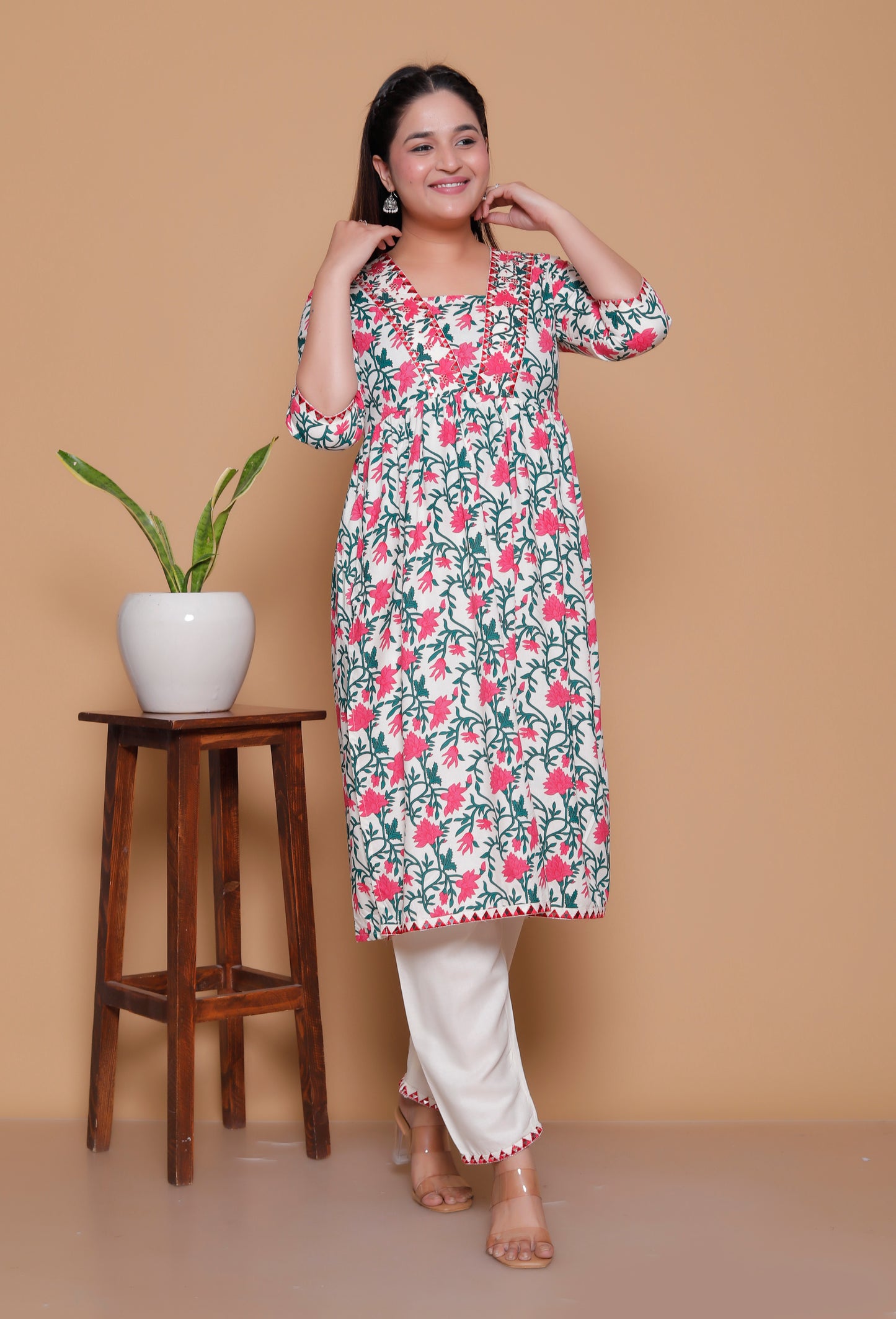 White & Pink Floral Print Rayon Kurta Pant Set with Zigzag Lace Detail
