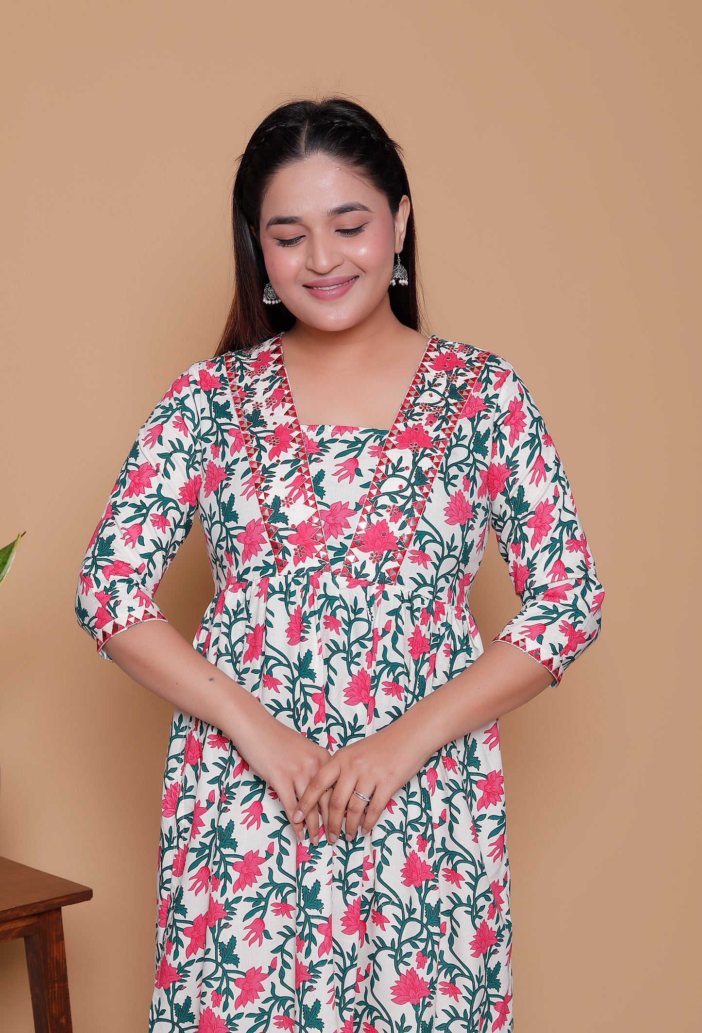 White & Pink Floral Print Rayon Kurta Pant Set with Zigzag Lace Detail