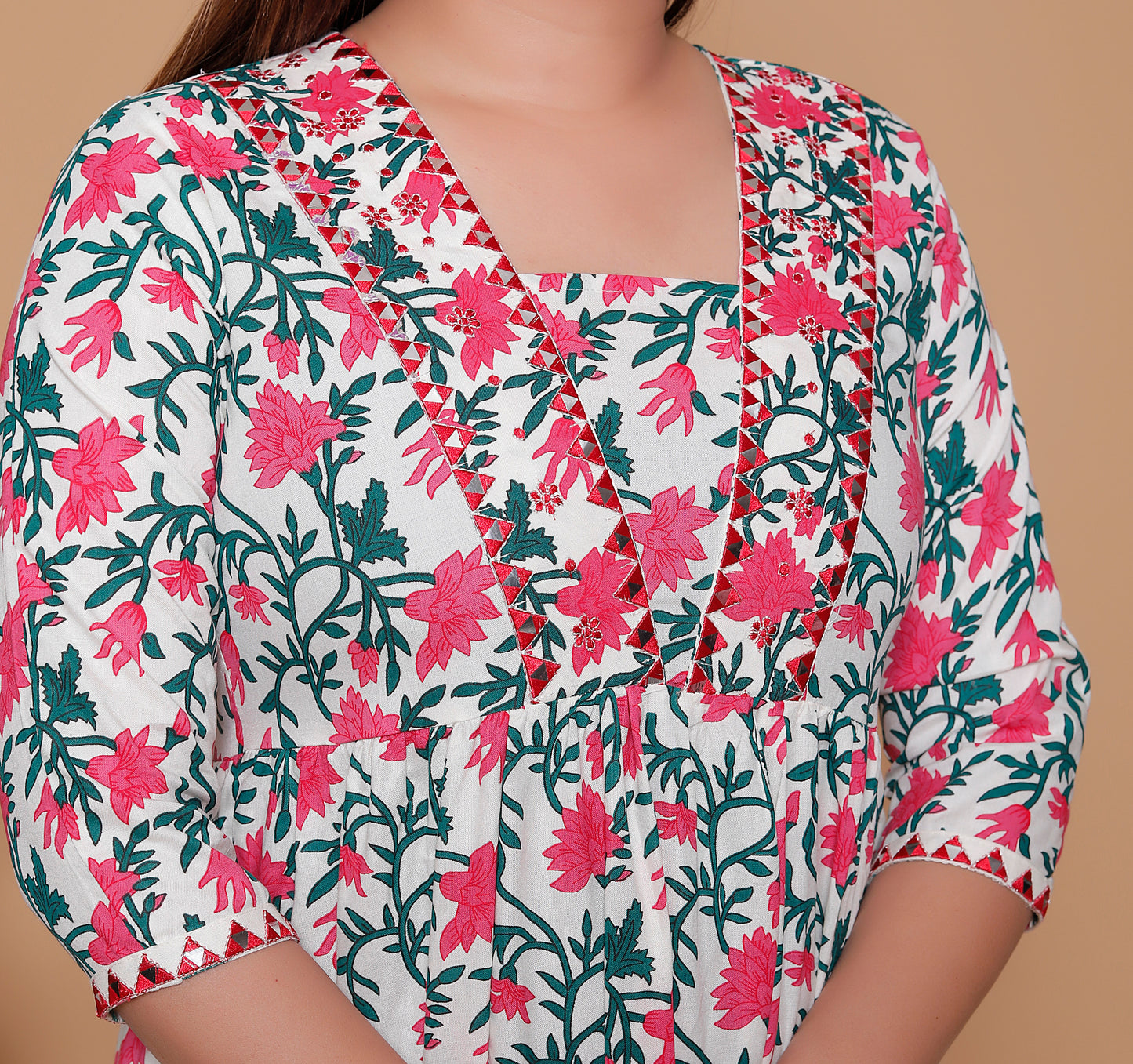 White & Pink Floral Print Rayon Kurta Pant Set with Zigzag Lace Detail