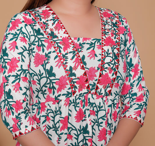 White & Pink Floral Print Rayon Kurta Pant Set with Zigzag Lace Detail