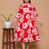 Red & White Tropical Leaf Print Rayon Maternity Feeding Dress with Zippers