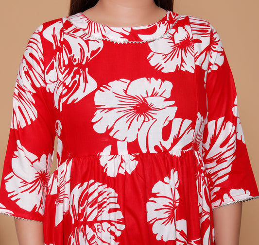 Red & White Tropical Leaf Print Rayon Maternity Feeding Dress with Zippers