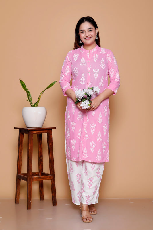 Pink & White Printed Kurta Pant Set