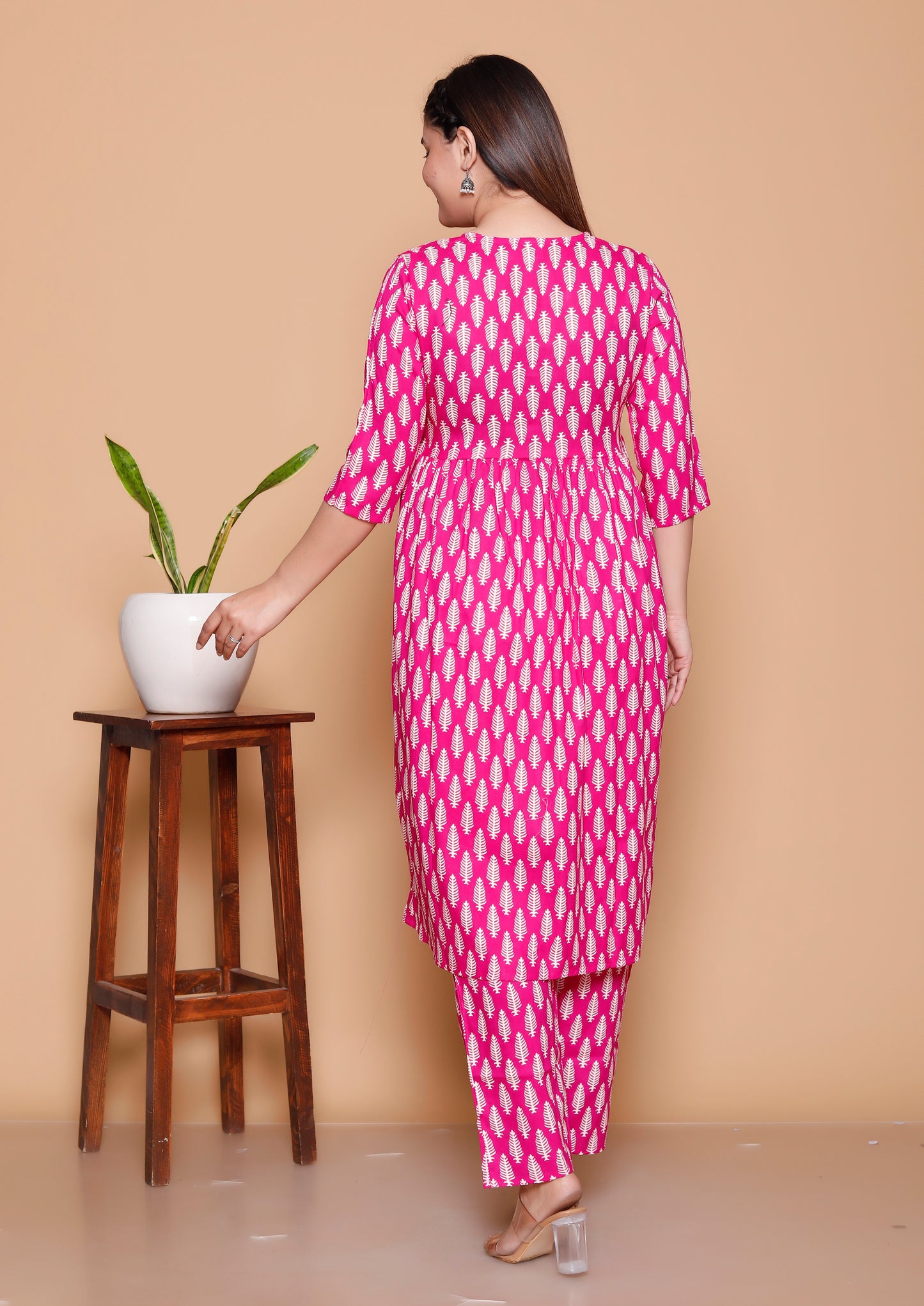 Pink Golden Leaf Rayon  Co-Ord set