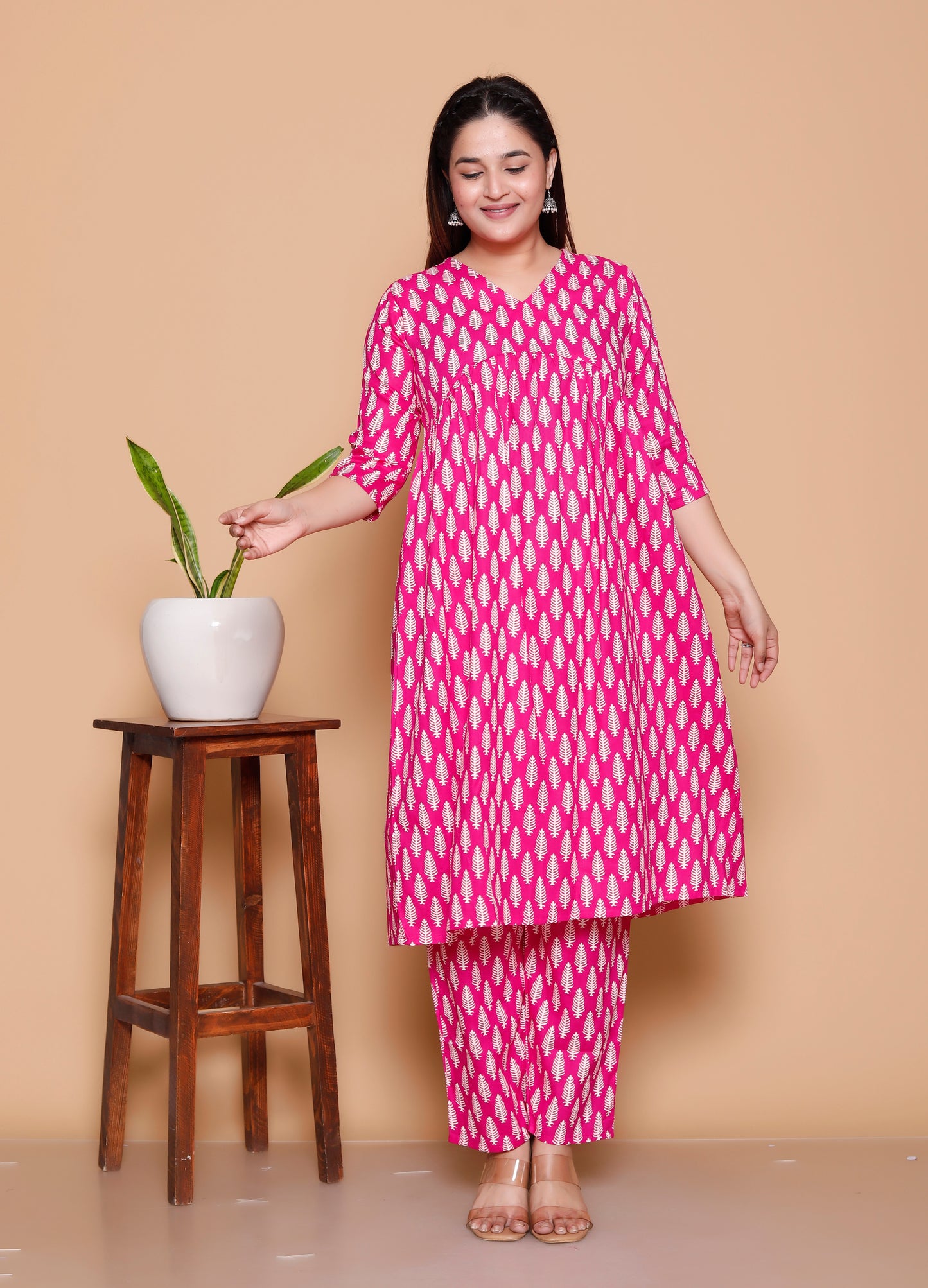 Pink Golden Leaf Rayon  Co-Ord set