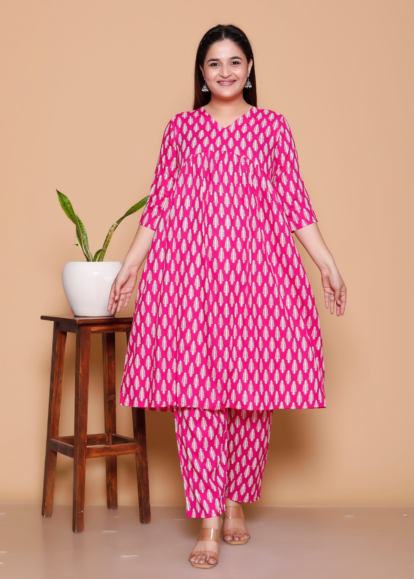 Pink Golden Leaf Rayon  Co-Ord set
