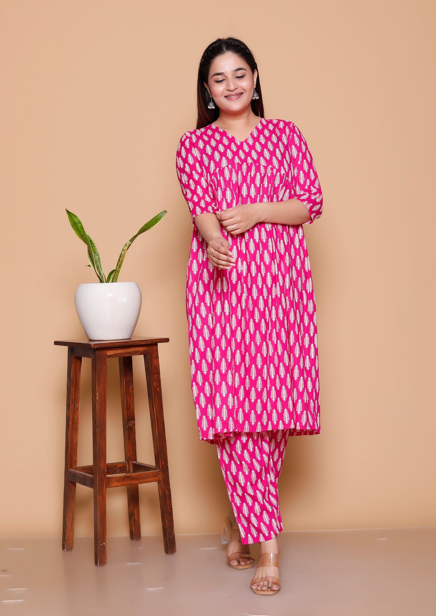 Pink Golden Leaf Rayon  Co-Ord set