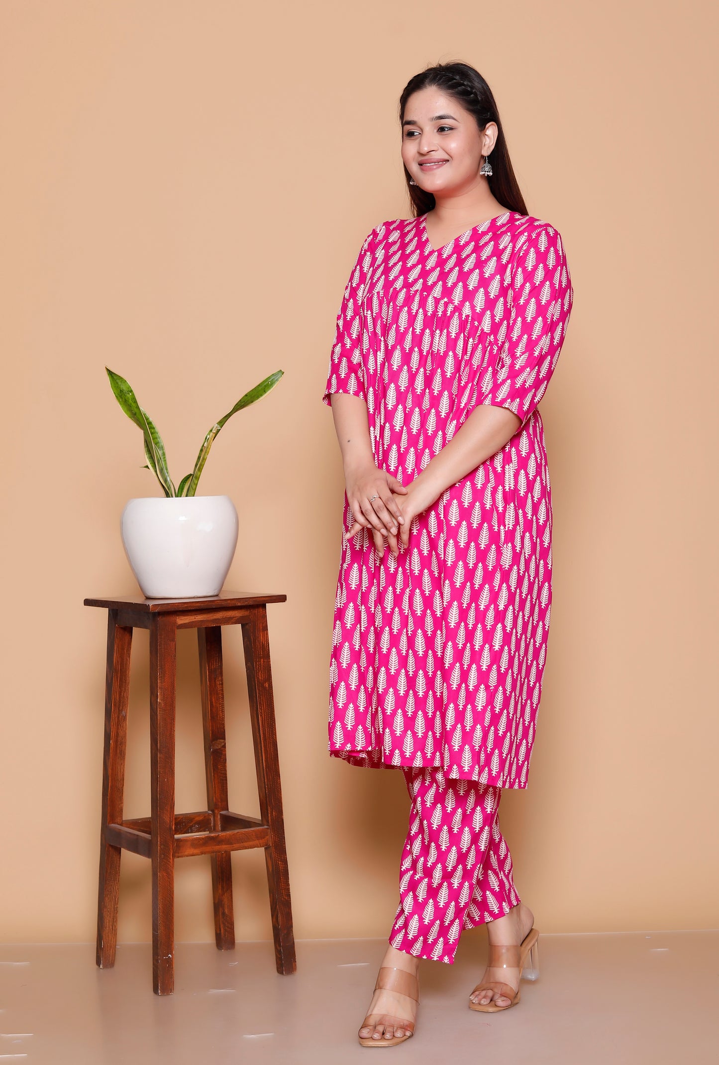 Pink Golden Leaf Rayon  Co-Ord set
