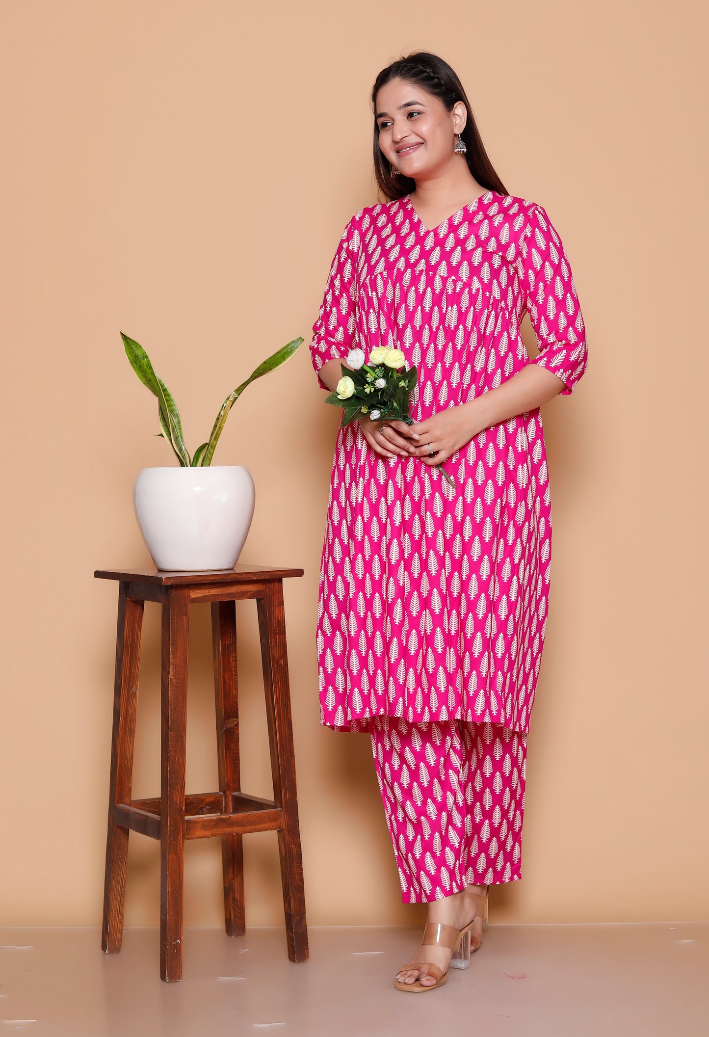 Pink Golden Leaf Rayon  Co-Ord set