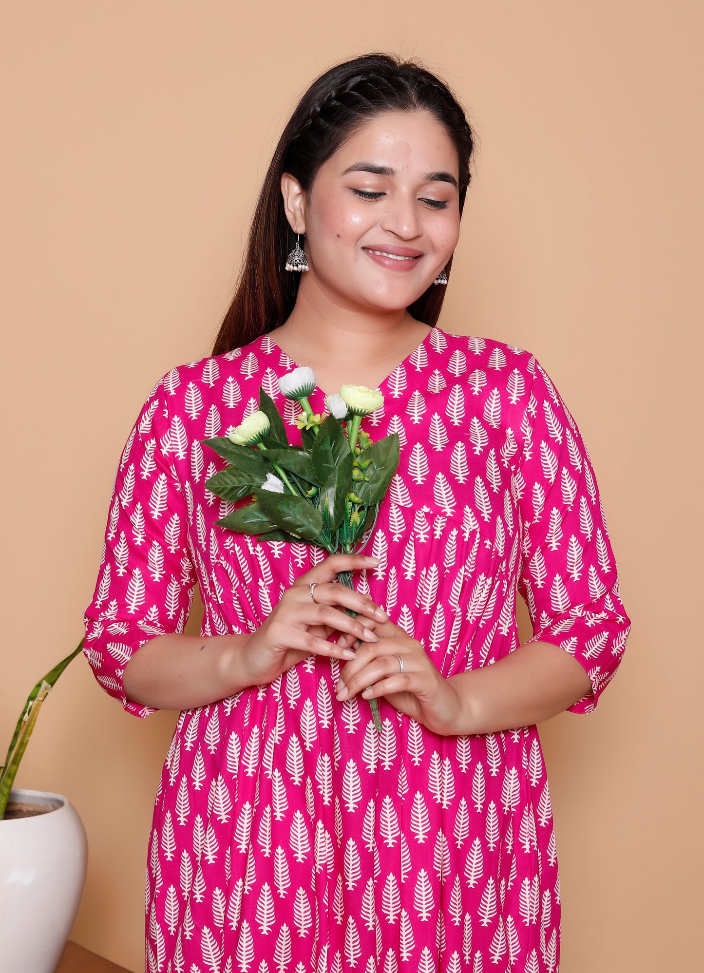 Pink Golden Leaf Rayon  Co-Ord set