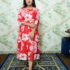 Red & White Tropical Leaf Print Rayon Maternity Feeding Dress with Zippers