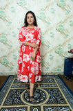 Red & White Tropical Leaf Print Rayon Maternity Feeding Dress with Zippers
