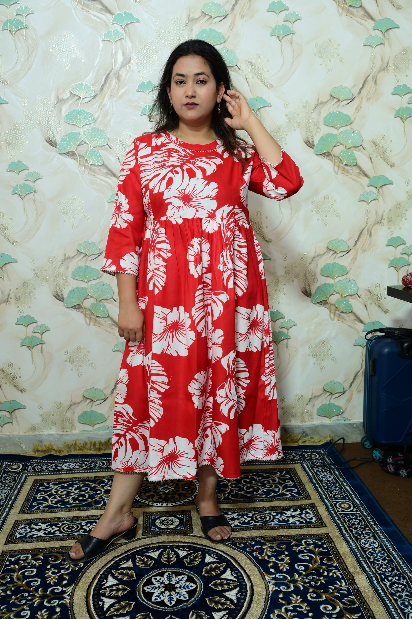 Red & White Tropical Leaf Print Rayon Maternity Feeding Dress with Zippers