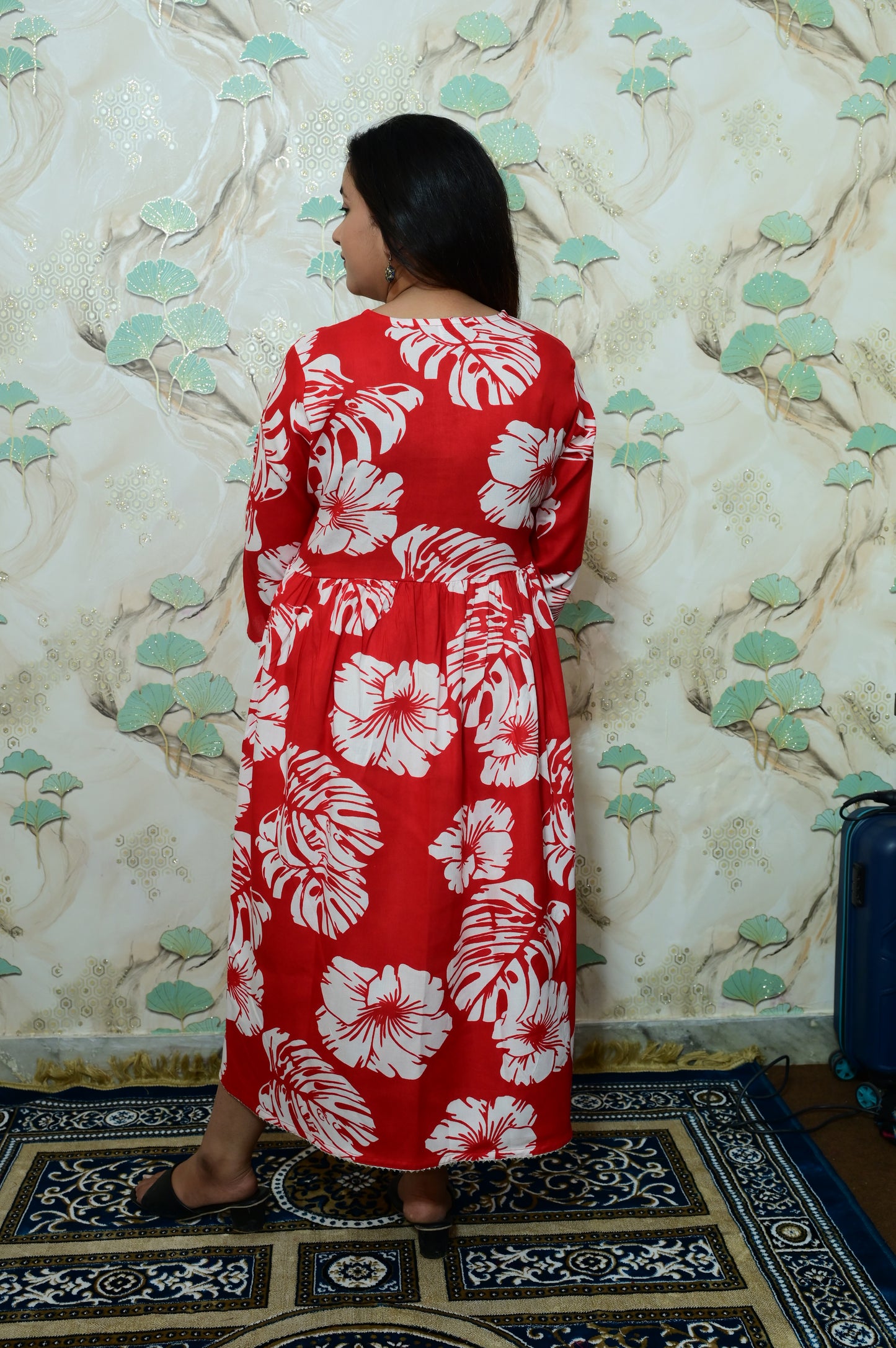 Red & White Tropical Leaf Print Rayon Maternity Feeding Dress with Zippers