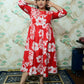 Red & White Tropical Leaf Print Rayon Maternity Feeding Dress with Zippers