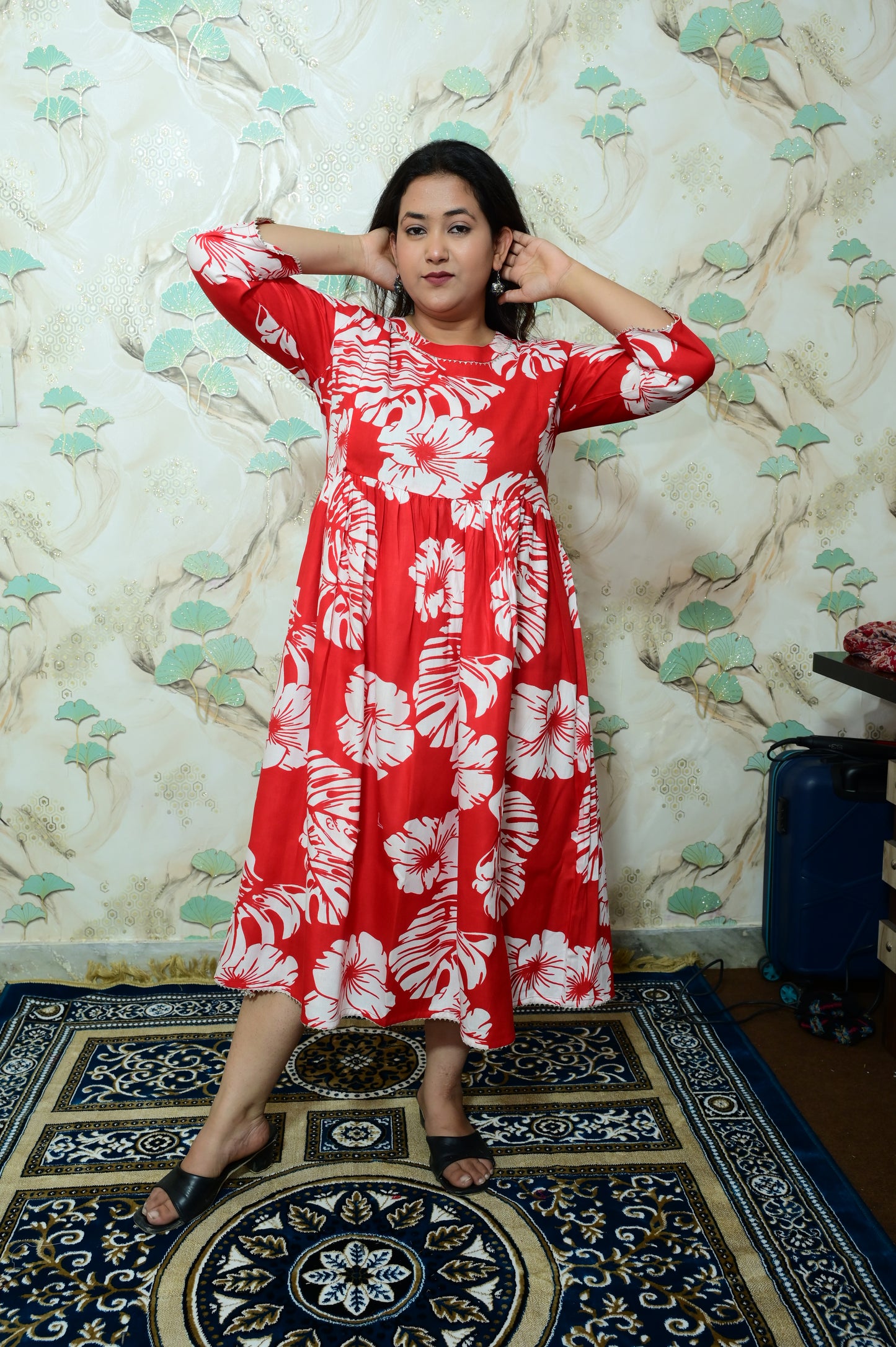 Red & White Tropical Leaf Print Rayon Maternity Feeding Dress with Zippers