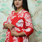 Red & White Tropical Leaf Print Rayon Maternity Feeding Dress with Zippers