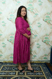 Magenta & Gold Printed Rayon Maternity Feeding Dress